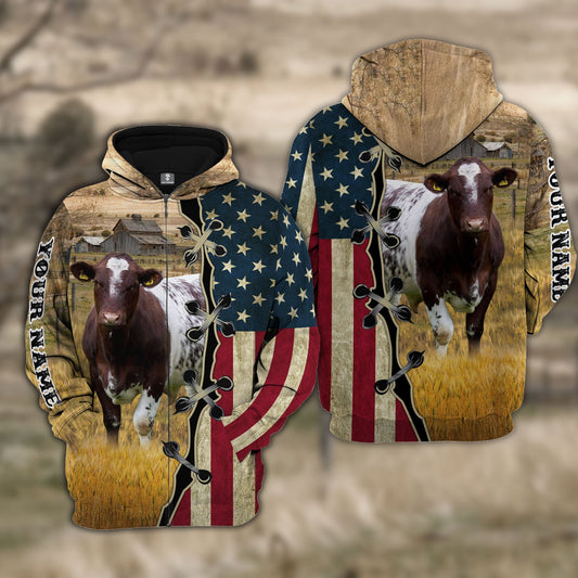 Uni Custom Name Shorthorn Cattle American Flag 3D Shirt