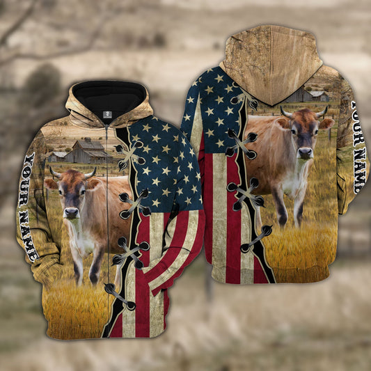 Uni Custom Name Brown Swiss Cattle American Flag 3D Shirt