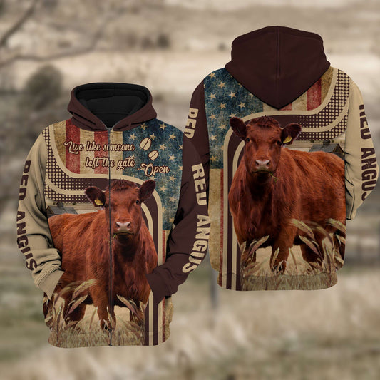 Uni Red Angus Cattle US Flag All Over Printed 3D Cattle Hoodie TT3