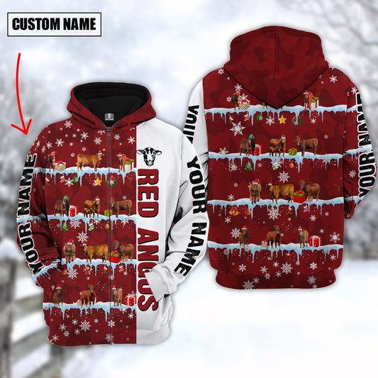 Uni Personalized Name Red Angus Cattle Christmas 3D Hoodie
