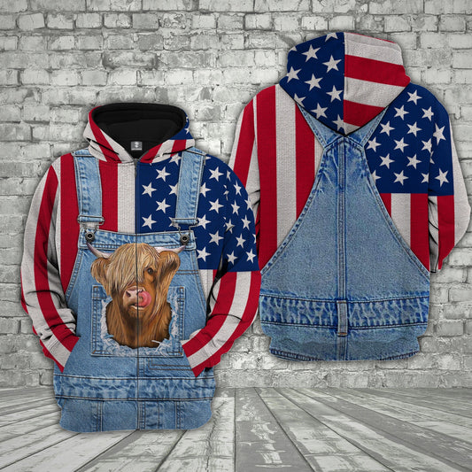 Uni Highland Cattle US Flag Farm Personalized 3D Hoodie