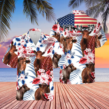 Unique Shorthorn Cattle American Flag Flowers Hawaiian Shirt