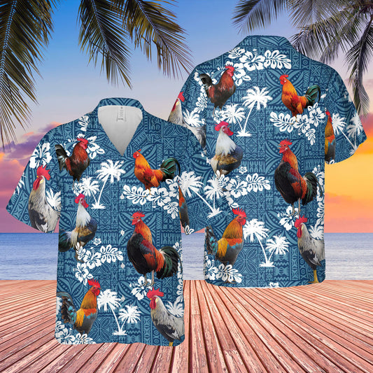 Unique Rooster Blue Tribal Hawaiian Shirt