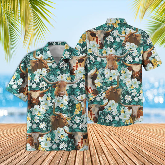 Unique Texas Longhorn Floral Blue Summer 3D Hawaiian Shirt