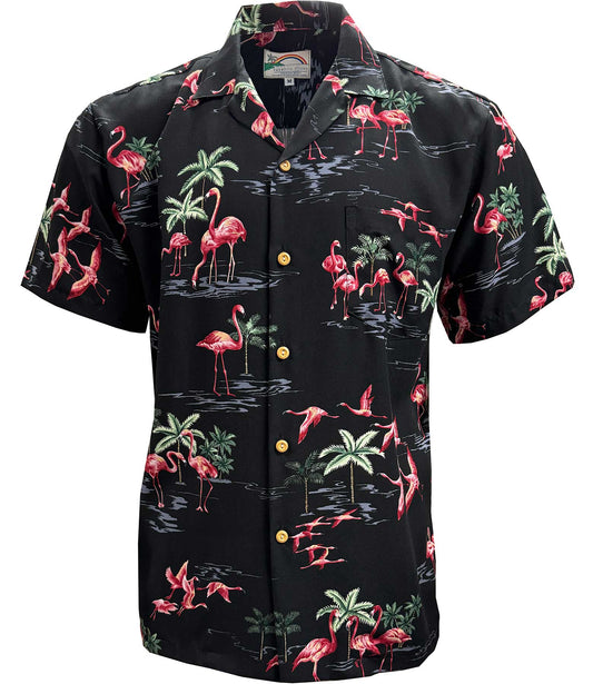 UniJames Fine Flamingos - Midnight Short Sleeve Hawaiian Shirt