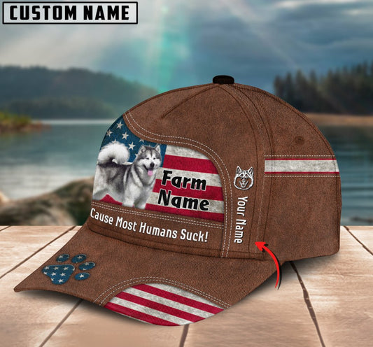 Uni Alaskan Malamutes US Flag Customized Name And Farm Name Cap