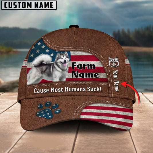 Uni Alaskan Malamutes US Flag Customized Name And Farm Name Cap