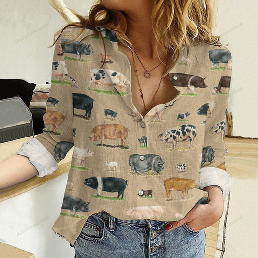 Unique Cotton And Linen Brown Farm Animal Pig All Over Printed 3D Casual Shirt