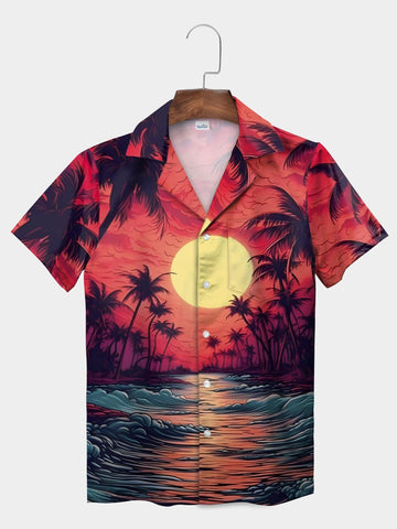 UniJames Pink Vibrant Sunset Palm Tree Ocean Wave Hawaiian Shirt