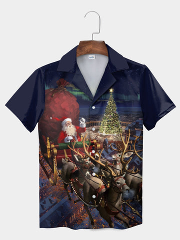 UniJames Blue Santa Claus Sleigh Ride Over City Christmas Hawaiian Shirt