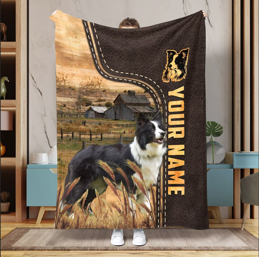 Uni Black and White Border Collie Leather Pattern Blanket