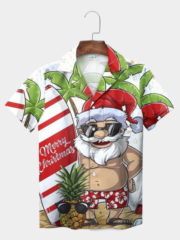 UniJames White Santa Surfboard Pineapple Christmas Short Sleeve Aloha Shirt