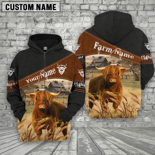 Uni Highland Cattle On Farms Custom Name Printed 3D Black Hoodie