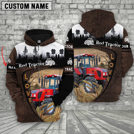 Uni Red Tractor On Farms Custom Name Printed 3D Wooden Forest Hoodie