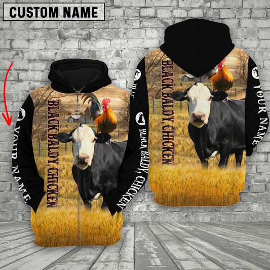 Uni Personalized Name Black Baldy and Chicken Cattle On The Farm All Over Printed 3D Hoodie