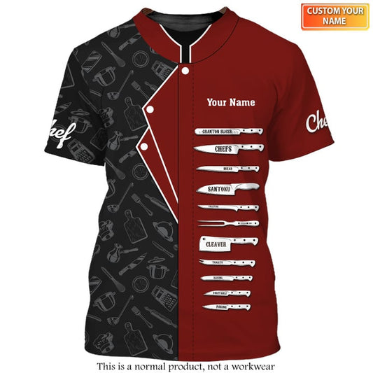 Unijames Red Chef Shirt Kitchen Knife 3D Shirts Custom Name Chefs Shirt