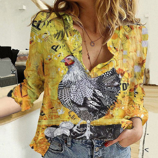 Unique Chicken Pattern Yellow Casual Shirt