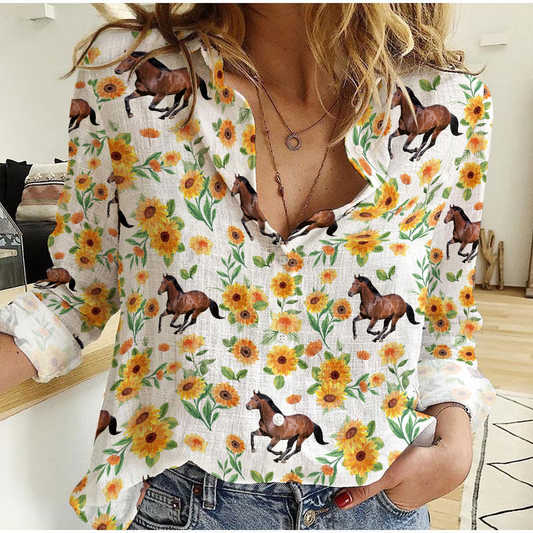 Unique Sunflower Pattern Horse Casual Shirt