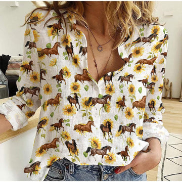 Unique Horse Sunflowers Pattern Casual Shirt