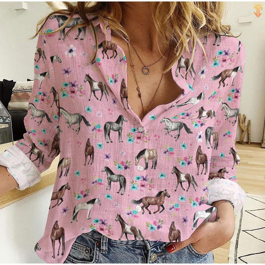 Unique Flowers and Horses Pink All Printed 3D Casual Shirt