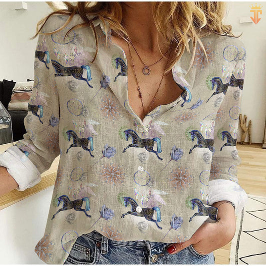 Unique Blue Roses And Horses Pattern All Printed 3D Casual Shirt