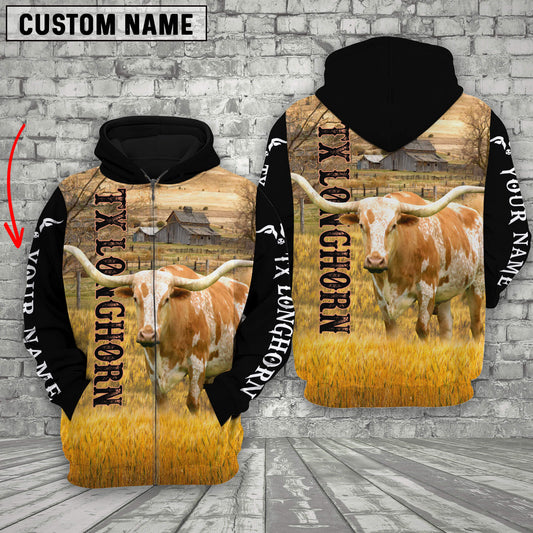 Uni Personalized Name TX Longhorn Cattle On The Farm 3D Shirt