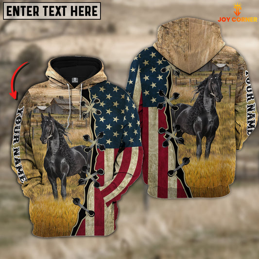 Uni Black Horse On Farms Custom Name American Flag 3D Shirt