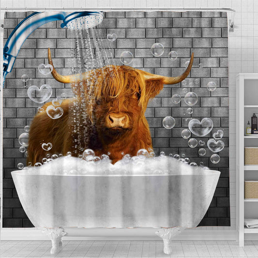 Uni Highland Cattle Brick Wall 3D Shower Curtain
