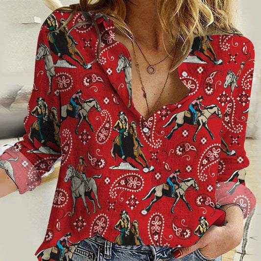 Unique Cowgirl Riding Horse Red All Over Printed 3D Casual Shirt