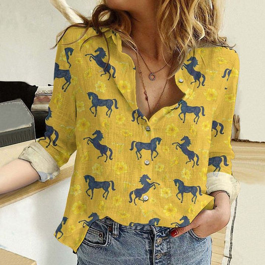 Unique Yellow Flowers Horses All Printed 3D Casual Shirt For Horse Lovers
