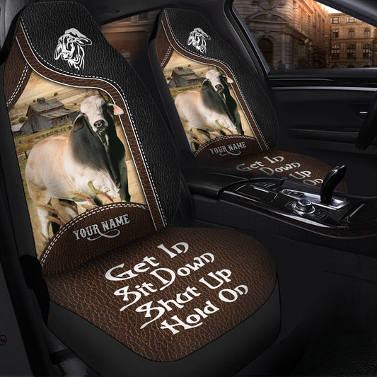 Uni Brahman Cattle Personalized Name Black And Brown Leather Pattern Car Seat Covers Universal Fit (2Pcs)