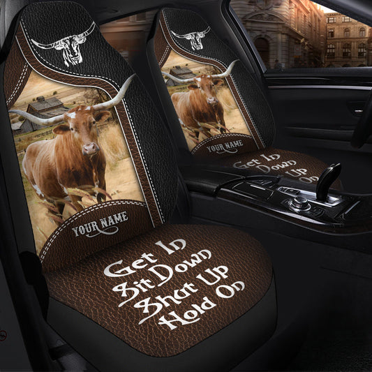 Uni Texas Longhorn Personalized Name Black And Brown Leather Pattern Car Seat Covers Universal Fit (2Pcs)