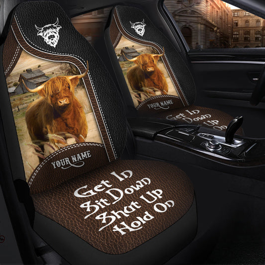 Uni Highland Cattle Personalized Name Black And Brown Leather Pattern Car Seat Covers Universal Fit (2Pcs)