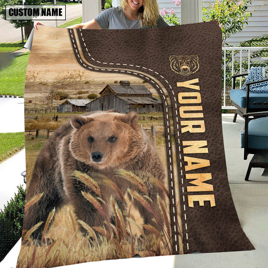 Uni Personalized Name Bear Leather Pattern Blanket