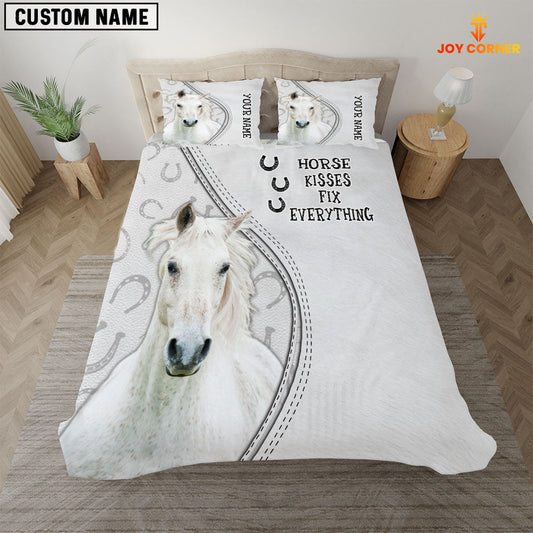 Uni White Horse Kisses Fix Everything Custom Name Bedding Set