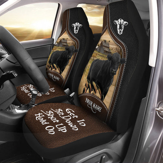 Uni Black Angus Personalized Name Black And Brown Leather Pattern Car Seat Covers Universal Fit (2Pcs)