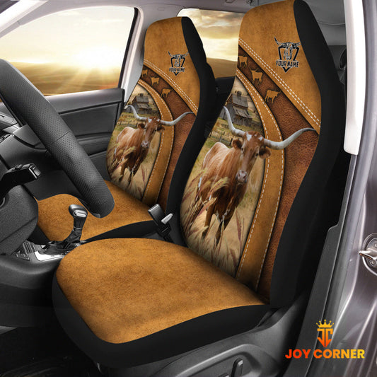 Uni Texas Longhorn Pattern Customized Name 3D Car Seat Cover Set (2PCS)