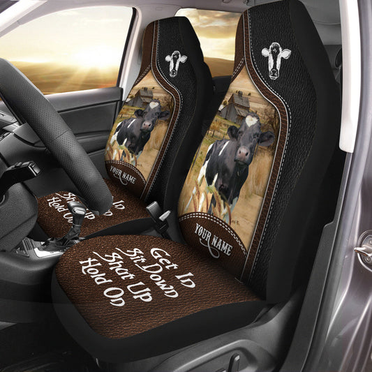 Uni Holstein Personalized Name Black And Brown Leather Pattern Car Seat Covers Universal Fit (2Pcs)