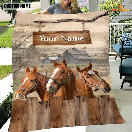 Uni Personalized Name Horse Wooden Pattern Blanket