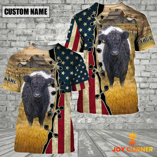 Uni Belted Galloway On Farms Custom Name American Flag 3D Shirt