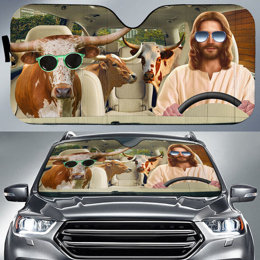 Uni Jesus Driving Texas Longhorn Cattle All Over Printed 3D Sun Shade