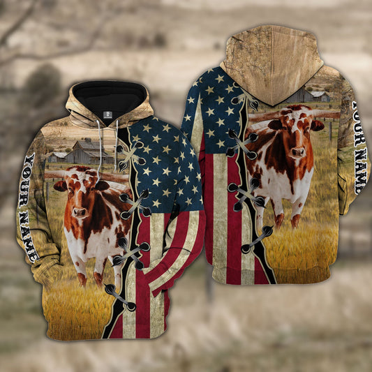 Uni Custom Name Texas Longhorn Cattle American Flag 3D Shirt