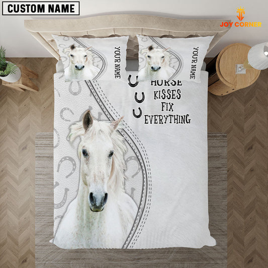 Uni White Horse Kisses Fix Everything Custom Name Bedding Set