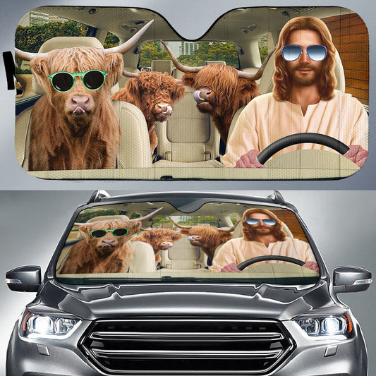 Uni Jesus Driving Highland Cattle All Over Printed 3D Sun Shade
