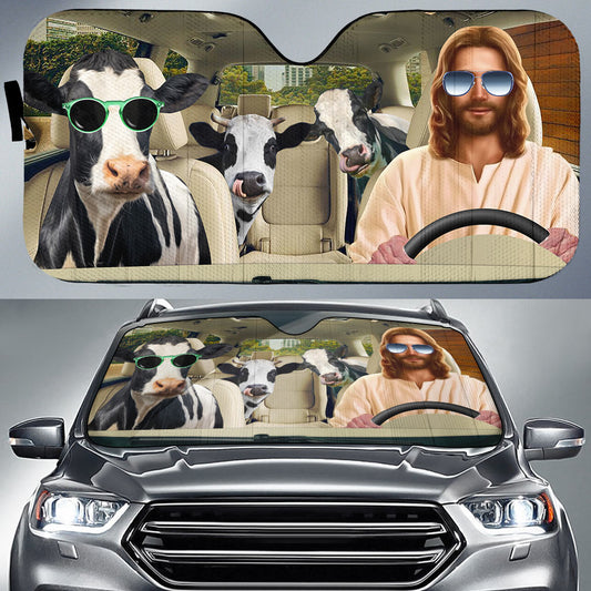 Uni Jesus Driving Holstein Cattle All Over Printed 3D Sun Shade