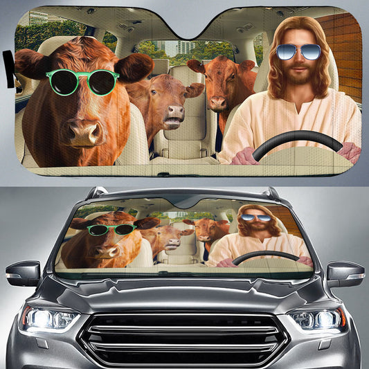 Uni Jesus Driving Red Angus Cattle All Over Printed 3D Sun Shade