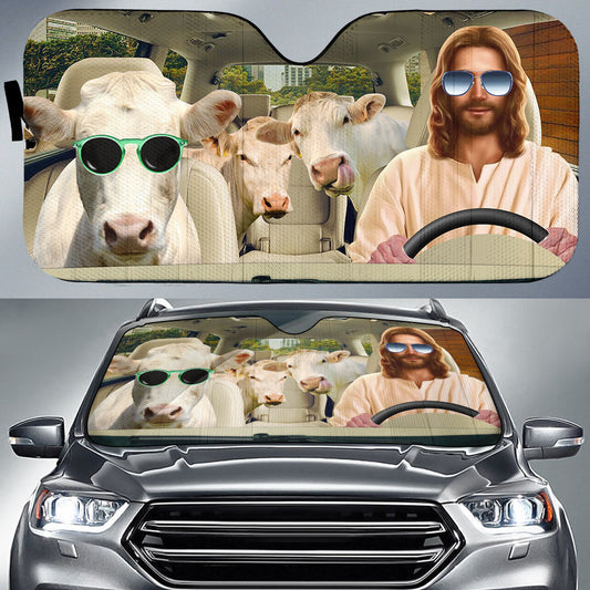 Uni Jesus Driving Charolais Cattle All Over Printed 3D Sun Shade