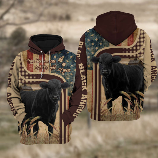 Uni Black Angus Cattle US Flag All Over Printed 3D Cattle Hoodie TT2