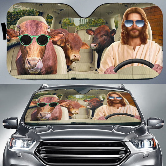 Uni Jesus Driving Beefmaster Cattle All Over Printed 3D Sun Shade