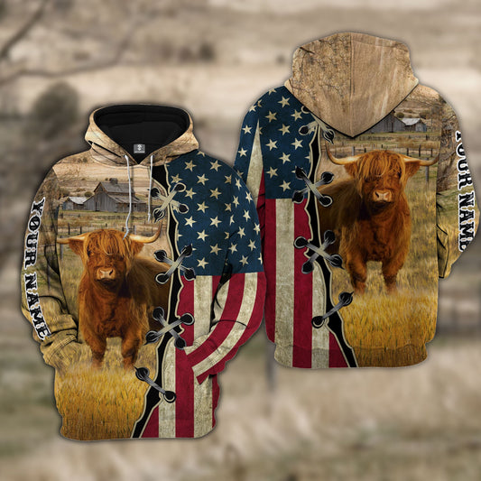 Uni Custom Name Highland Cattle American Flag 3D Shirt